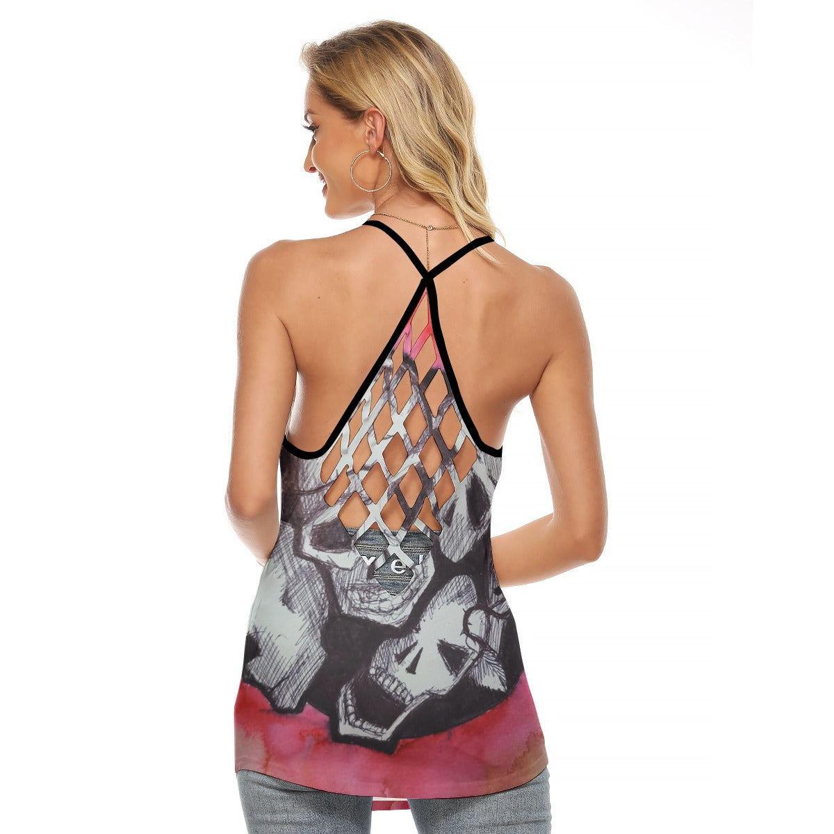 Skulls All-Over Print Women's Criss-Cross Open Back Tank Top