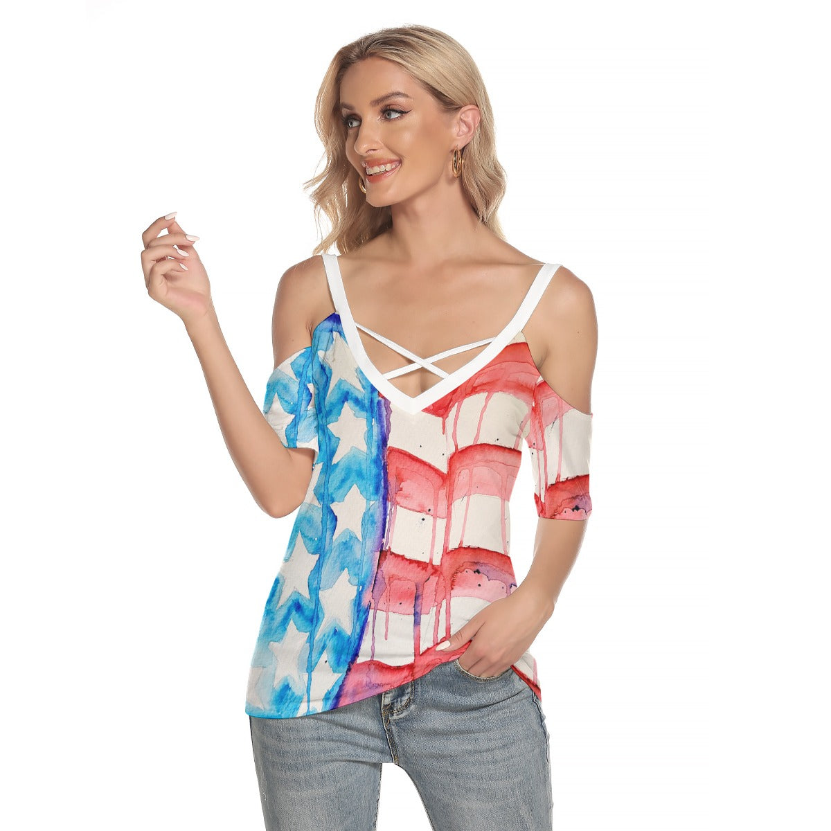 Old Glory All-Over Print Women's Cold Shoulder T-shirt With Criss Cross Strips