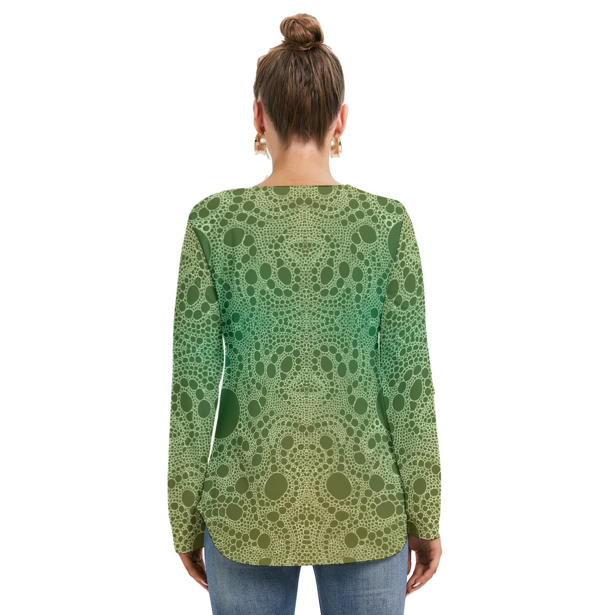 Lost In Circles Lime Green All-Over Print Women's Long Sleeve Neckline Tie Sweatshirt