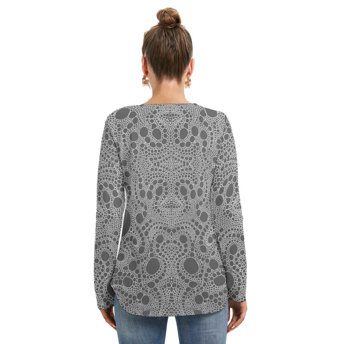 Lost In Circles Slate All-Over Print Women's Long Sleeve Neckline Tie Sweatshirt