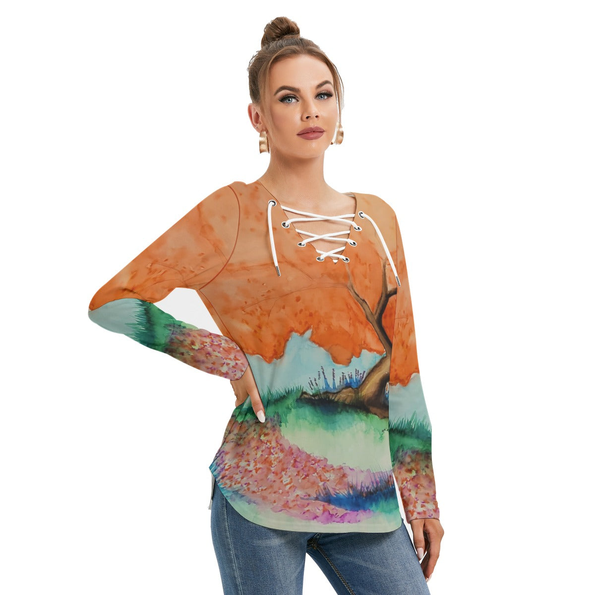 Fairy Circle All-Over Print Women's Long Sleeve Neckline Tie Sweatshirt