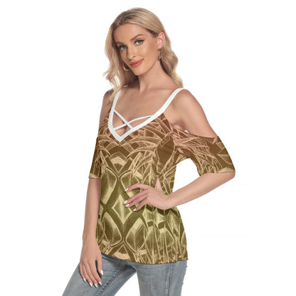 Sketch Sunset All-Over Print Women's Cold Shoulder T-shirt With Criss Cross Strips
