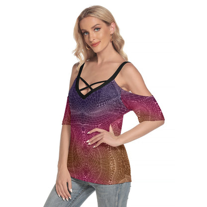 Signs of life Sunset All-Over Print Women's Cold Shoulder T-shirt With Criss Cross Strips