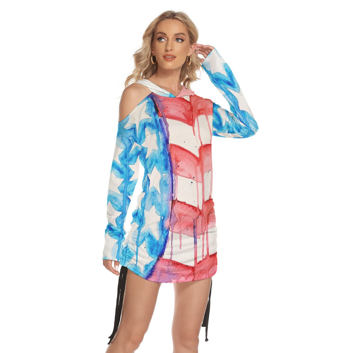 Old Glory All-Over Print Women's One-shoulder Dress With Waist Shirring