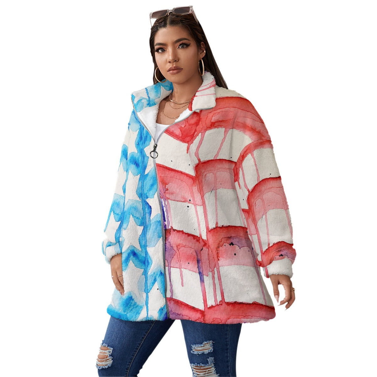 Old Glory All-Over Print Unisex Borg Fleece Stand-up Collar Coat With Zipper Closure(Plus Size)