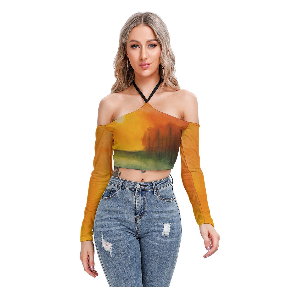 Autumn Sunset All-Over Print Women's Halter Lace-up Top