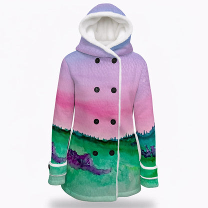Promise of Spring All-Over Print Women's Hooded Double-Breasted Winter Coat With Fleece