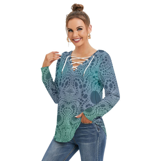 Lost In Circles Ocean Blue All-Over Print Women's Long Sleeve Neckline Tie Sweatshirt