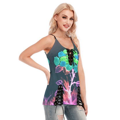 Morning Bloom All-Over Print Women's V-neck Eyelet Lace-up Cami Dress