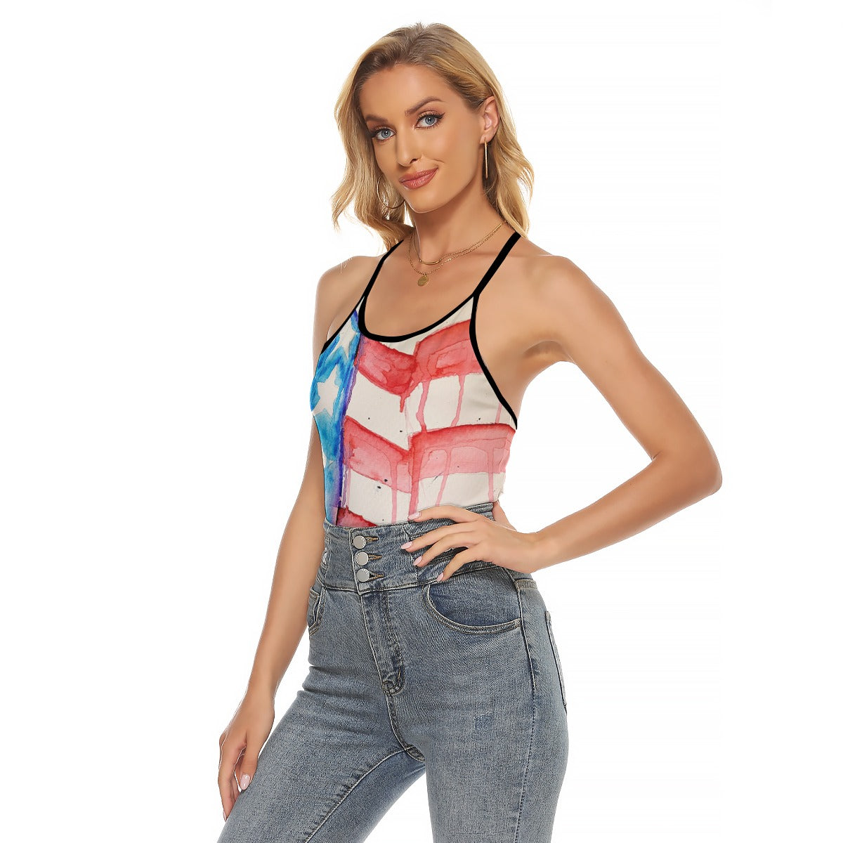 Old Glory All-Over Print Women's Criss-Cross Open Back Tank Top