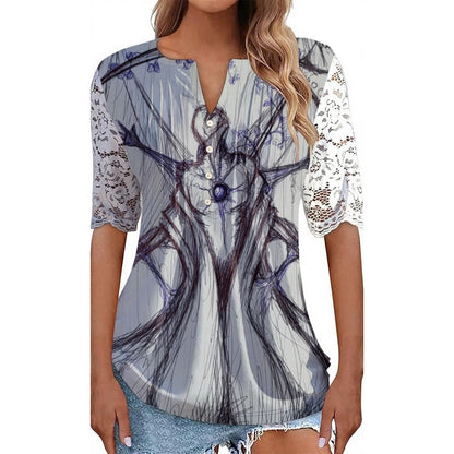 Last Embrace All-Over Print Women's Lace Sleeve Shirt