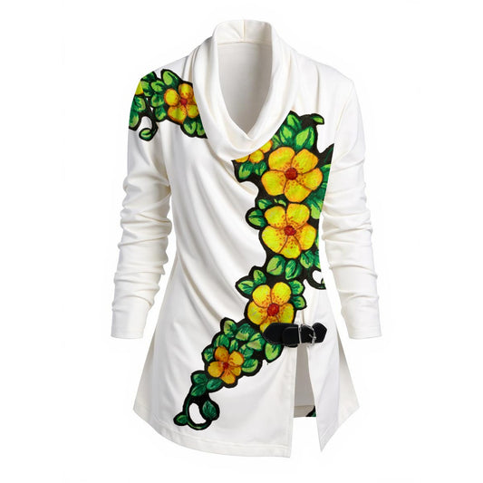 Flower Chain All-Over Print Women's Draped Long Sleeve Top