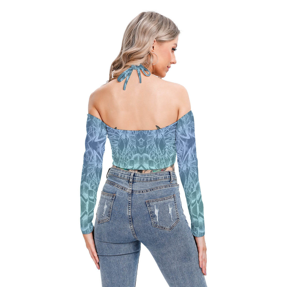 Sketch Sky Blue All-Over Print Women's Halter Lace-up Top