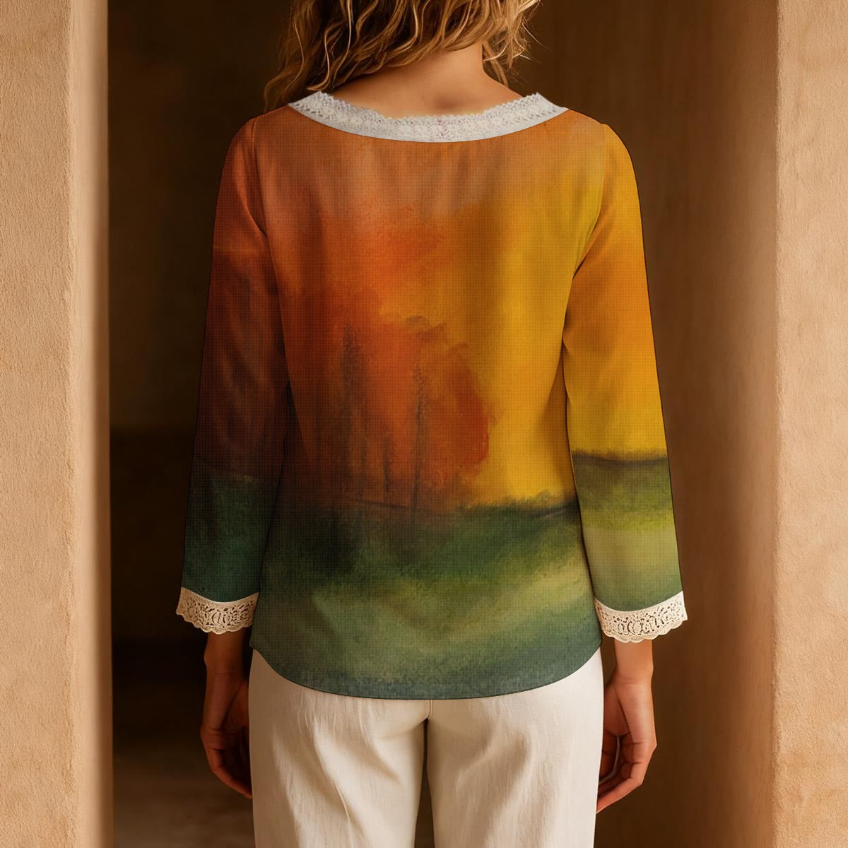 Fall Sunrise Women's Long-Sleeve Casual Top With Tie Collar