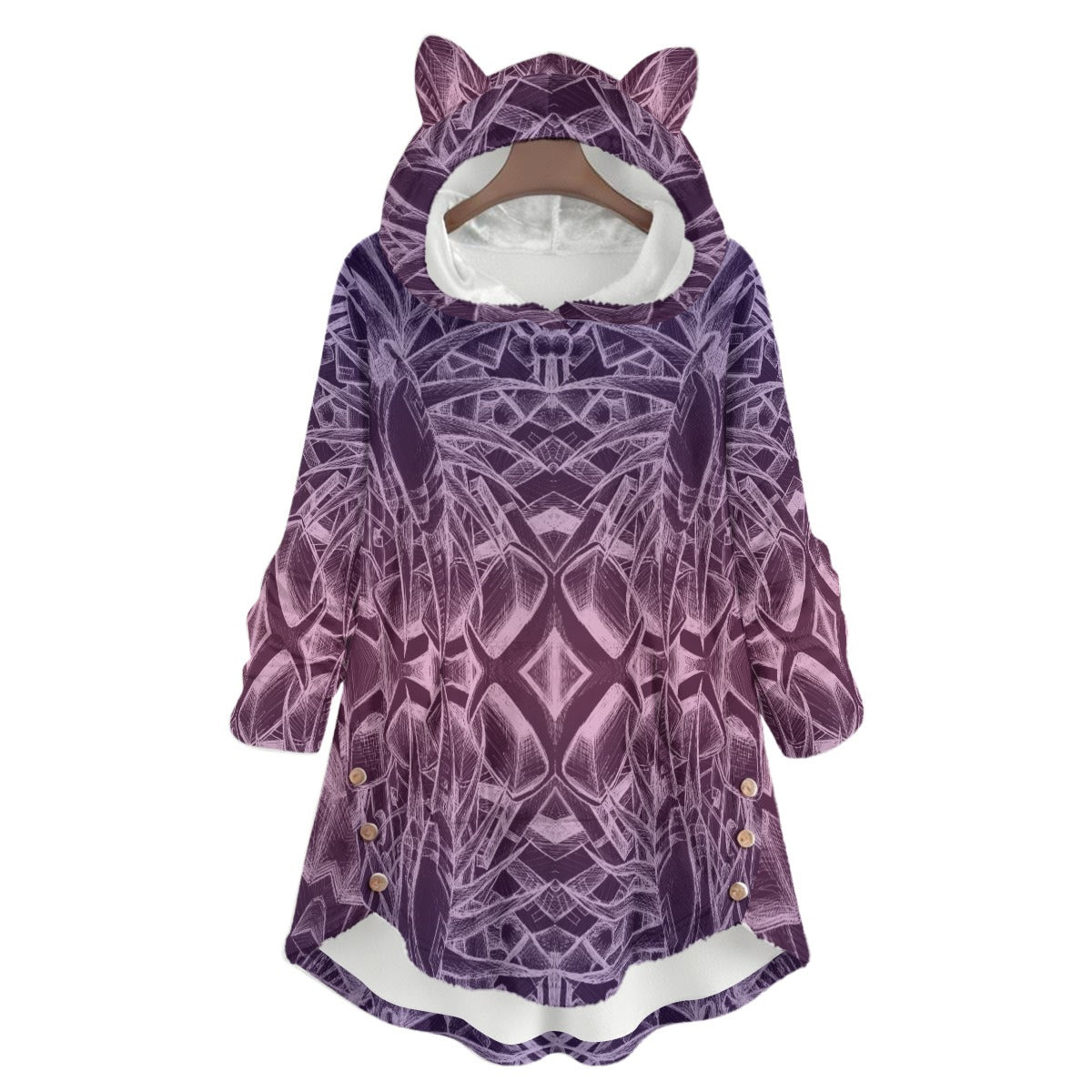 Sketch Orchid All-Over Print Women's Flannel Hoodie with Cat Ears