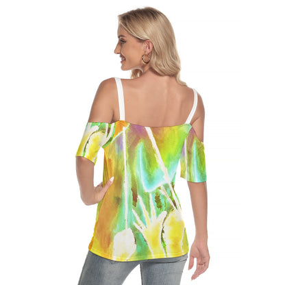 Heart Strings Inverted All-Over Print Women's Cold Shoulder T-shirt With Criss Cross Strips
