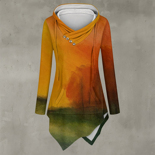 Autumn has Come All-Over Print Women's Asymmetric Hem Hoodie