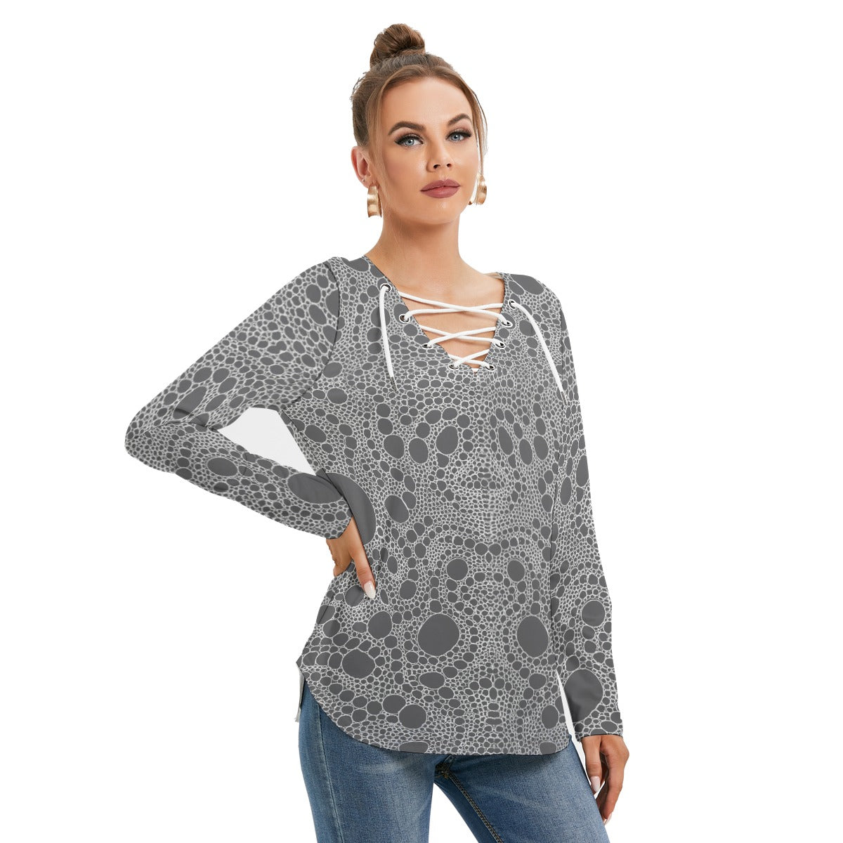 Lost In Circles Slate All-Over Print Women's Long Sleeve Neckline Tie Sweatshirt