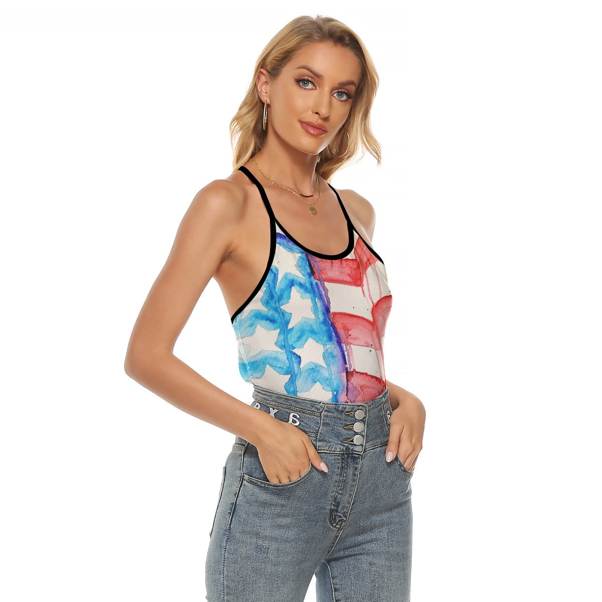 Old Glory All-Over Print Women's Criss-Cross Open Back Tank Top