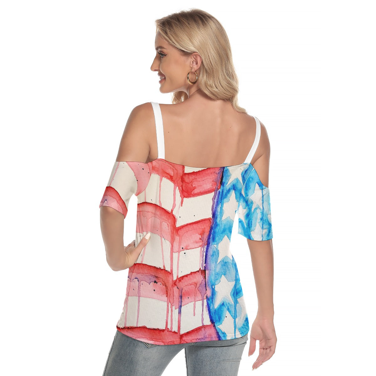 Old Glory All-Over Print Women's Cold Shoulder T-shirt With Criss Cross Strips