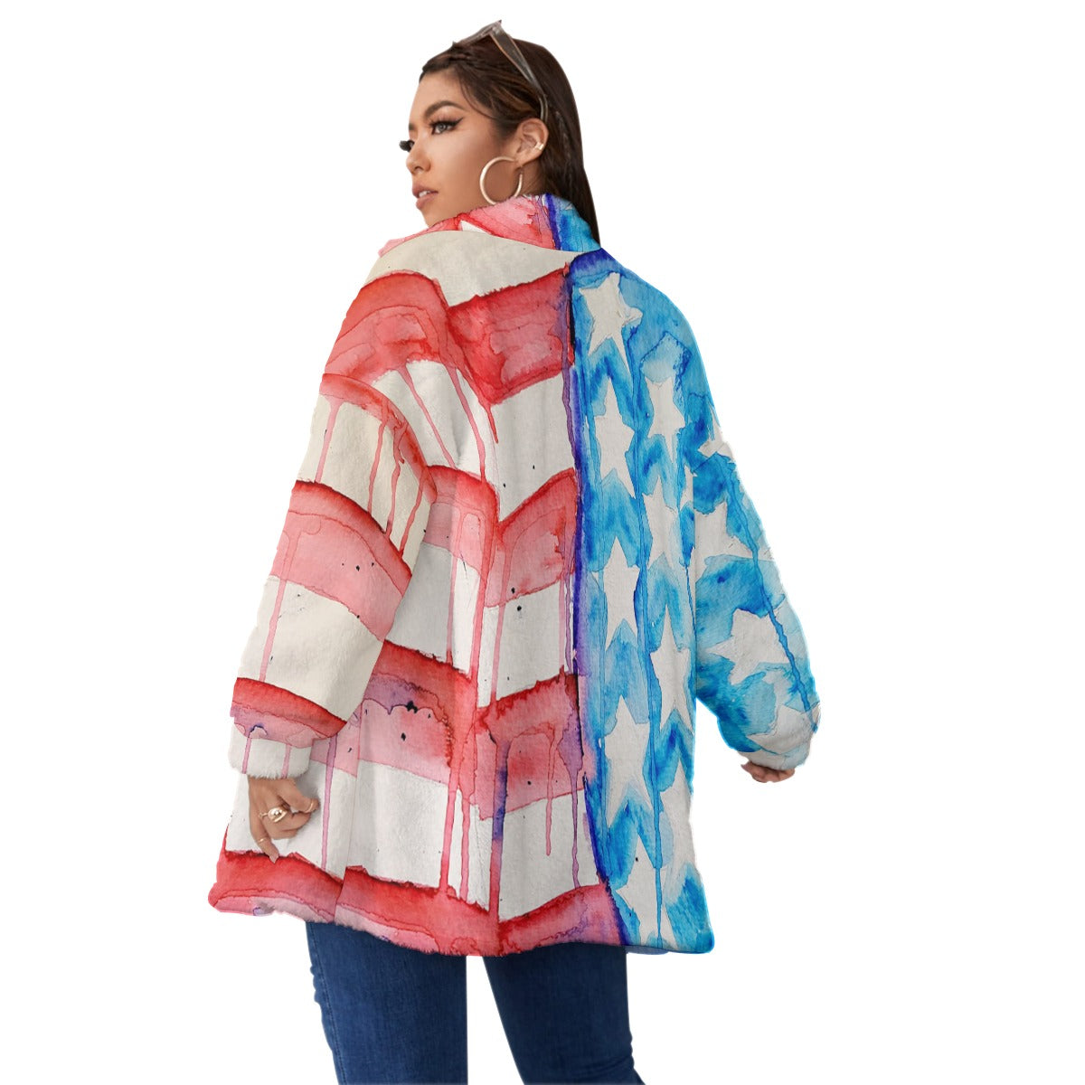 Old Glory All-Over Print Unisex Borg Fleece Stand-up Collar Coat With Zipper Closure(Plus Size)