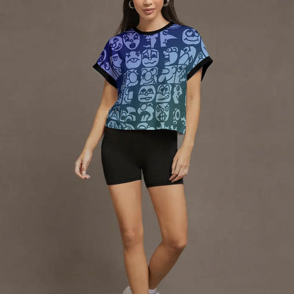 Faces Blueberry All-Over Print Women's Open-Back Crossover Workout Tee