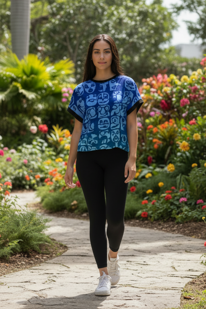 Faces Blueberry All-Over Print Women's Open-Back Crossover Workout Tee