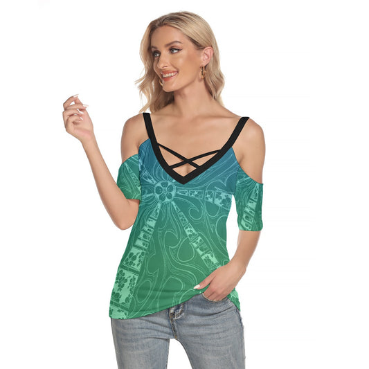 Flowers Cold Shoulder T-shirt With Criss Cross Strips