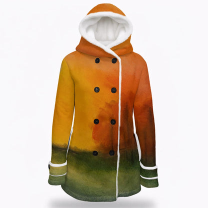 Autumn's Heart All-Over Print Women's Hooded Double-Breasted Winter Coat With Fleece