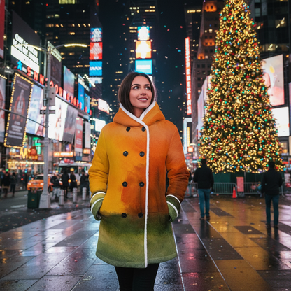 Autumn's Heart All-Over Print Women's Hooded Double-Breasted Winter Coat With Fleece