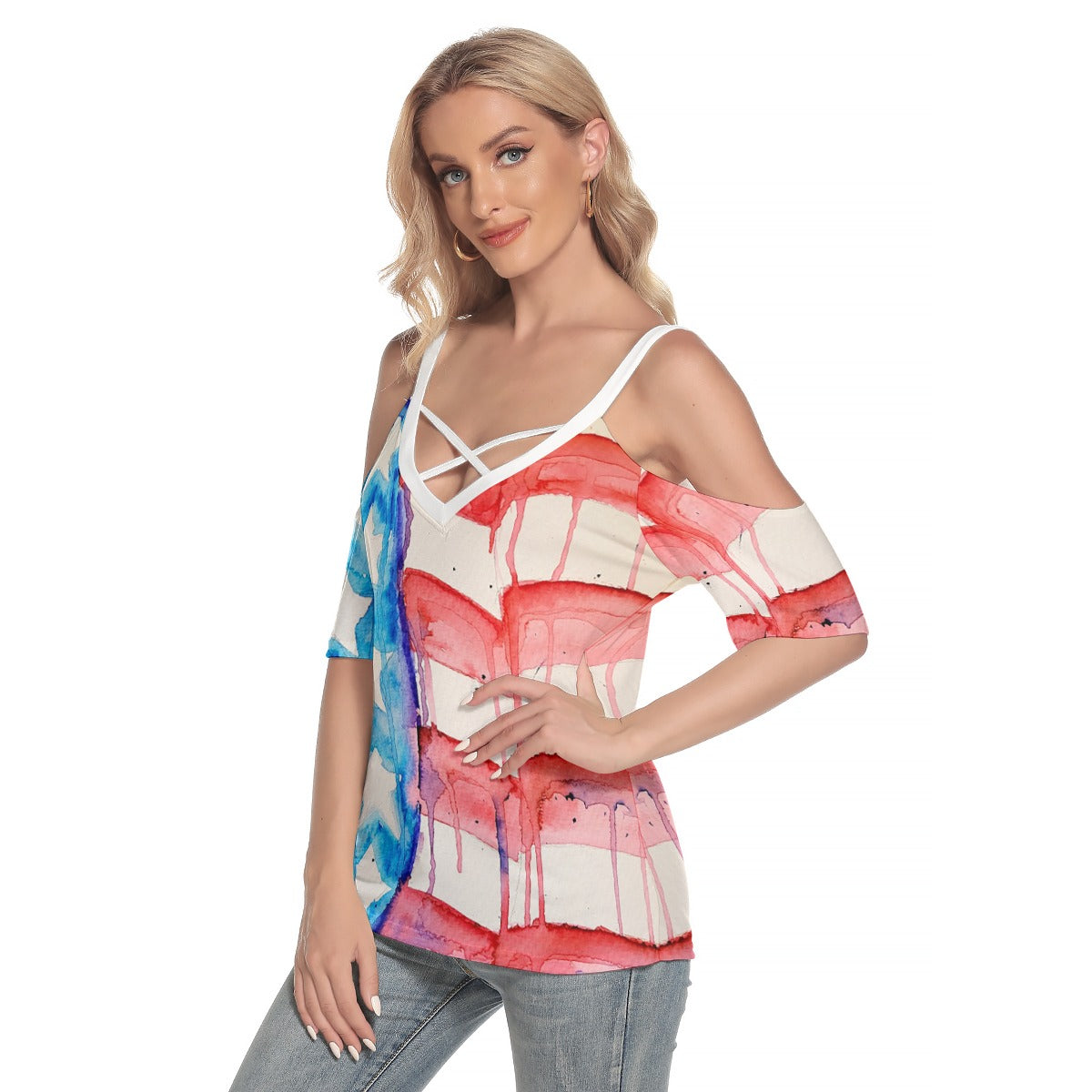 Old Glory All-Over Print Women's Cold Shoulder T-shirt With Criss Cross Strips