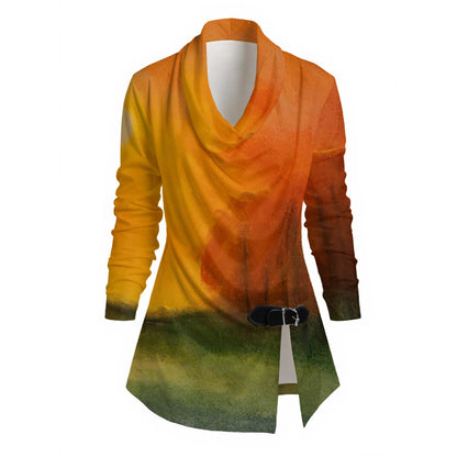 Autumn's Heart All-Over Print Women's Draped Long Sleeve Top