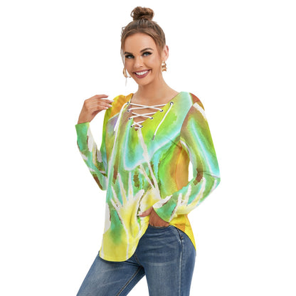 Heart Strings All-Over Print Women's Long Sleeve Neckline Tie Sweatshirt