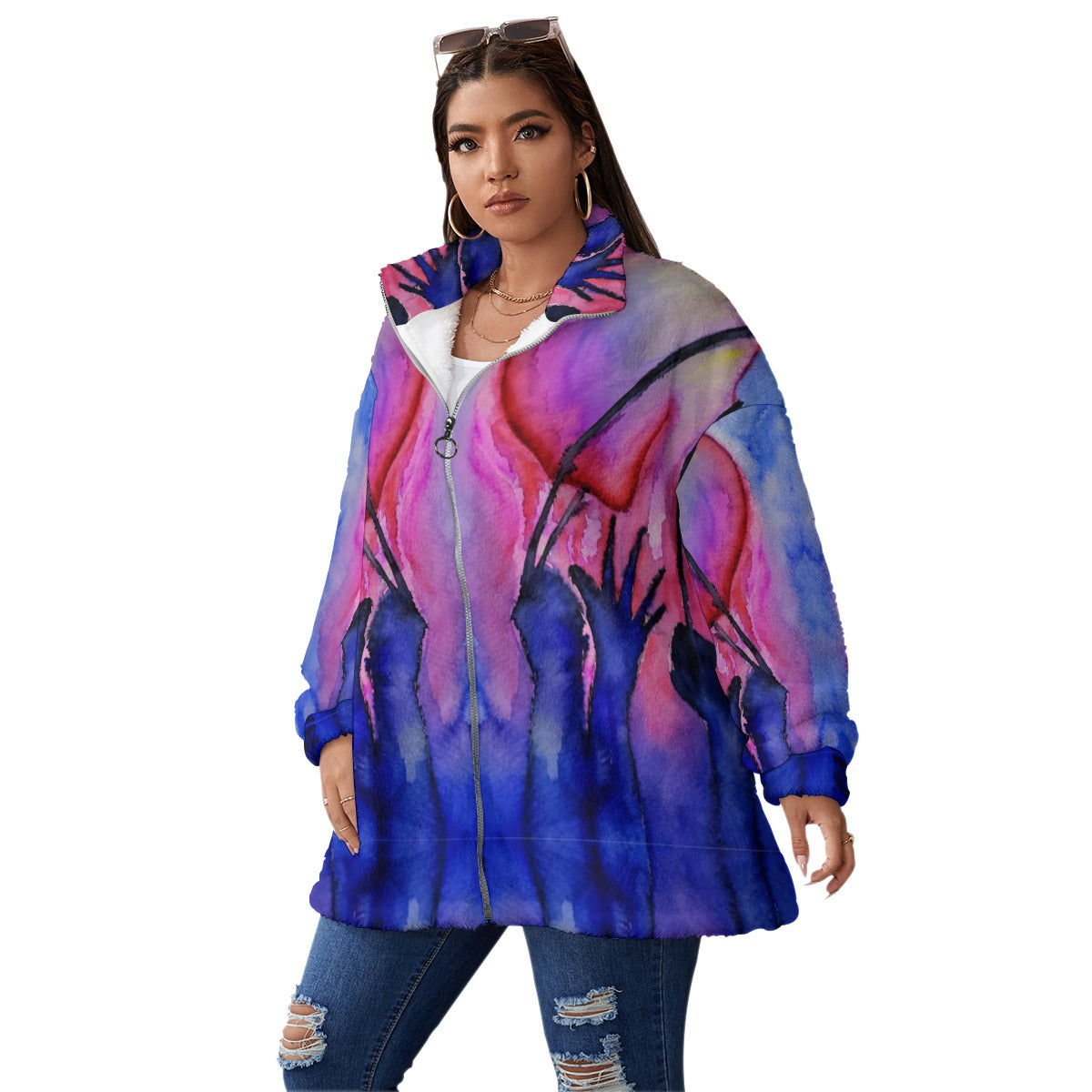 Weighed Down All-Over Print Unisex Borg Fleece Stand-up Collar Coat With Zipper Closure(Plus Size)