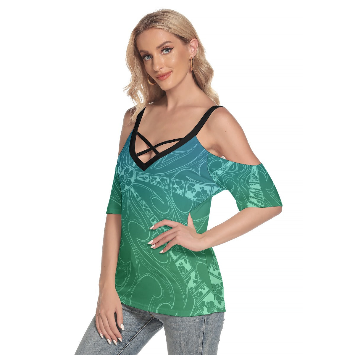 Flowers Cold Shoulder T-shirt With Criss Cross Strips