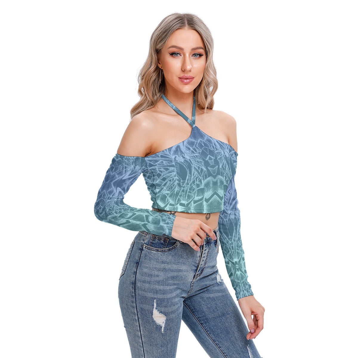 Sketch Sky Blue All-Over Print Women's Halter Lace-up Top