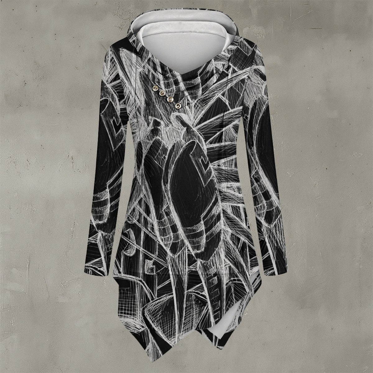 Inverted Sketch All-Over Print Women's Asymmetric Hem Hoodie