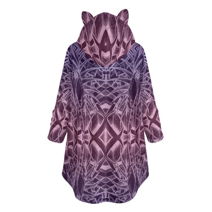 Sketch Orchid All-Over Print Women's Flannel Hoodie with Cat Ears