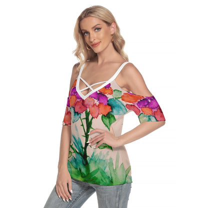 Morning Bloom All-Over Print Women's Cold Shoulder T-shirt With Criss Cross Strips