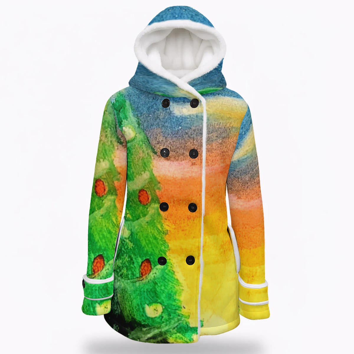 Oh Christmas Tree All-Over Print Women's Hooded Double-Breasted Winter Coat With Fleece