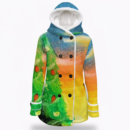 Oh Christmas Tree All-Over Print Women's Hooded Double-Breasted Winter Coat With Fleece