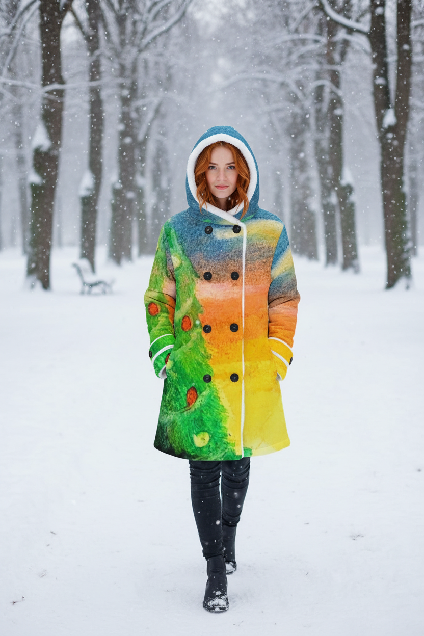 Oh Christmas Tree All-Over Print Women's Hooded Double-Breasted Winter Coat With Fleece