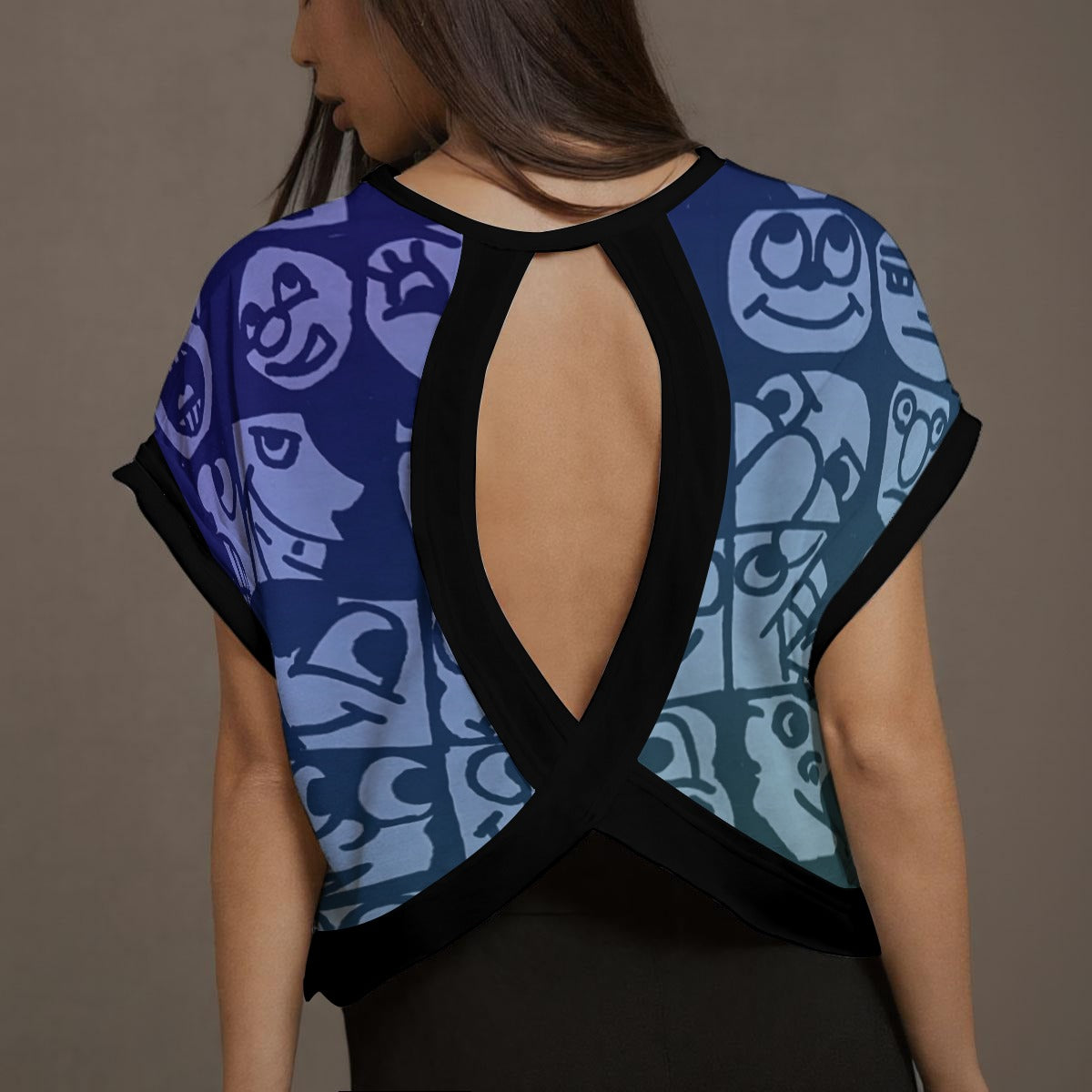 Blueberry Faces All-Over Print Women's Open-Back Crossover Workout Tee