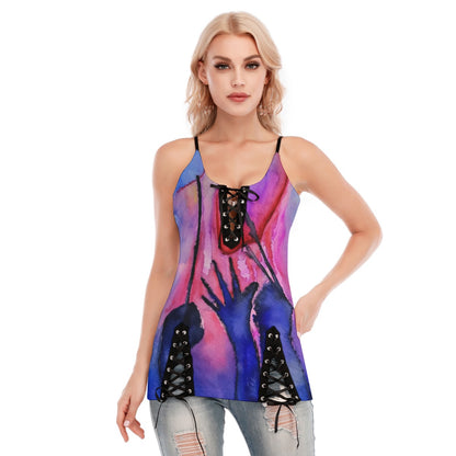 Heart Strings All-Over Print Women's V-neck Eyelet Lace-up Cami Dress