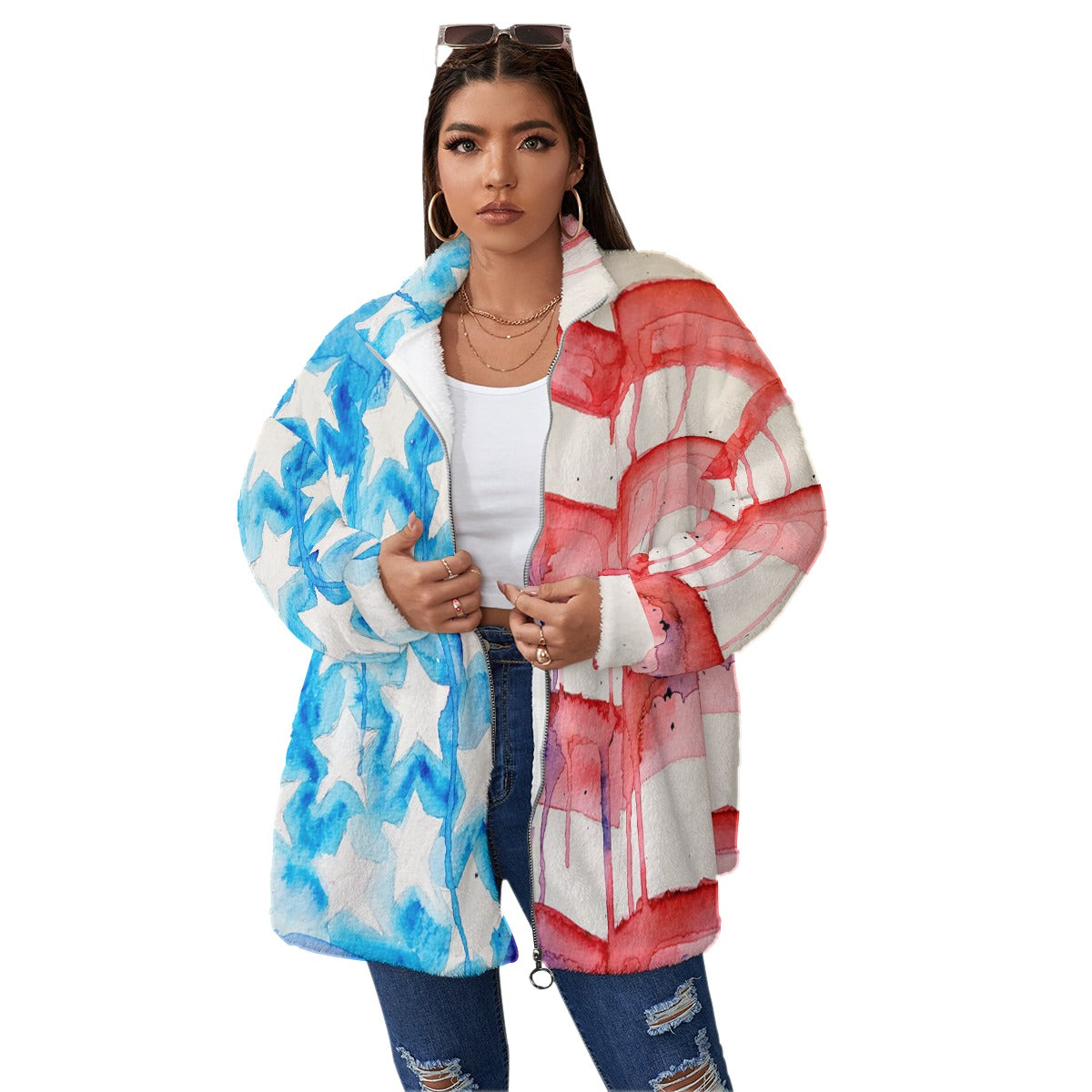 Old Glory All-Over Print Unisex Borg Fleece Stand-up Collar Coat With Zipper Closure(Plus Size)