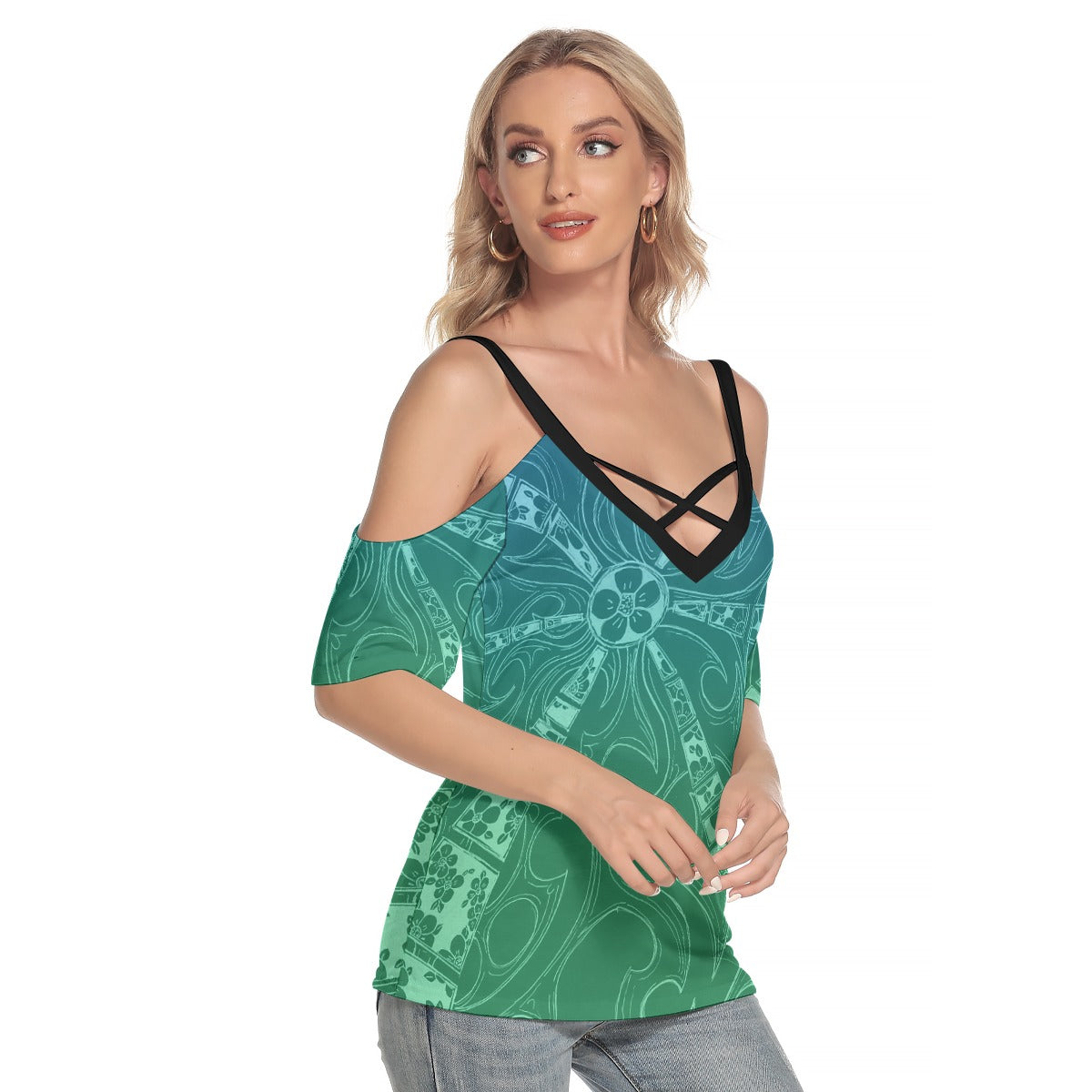 Flowers Cold Shoulder T-shirt With Criss Cross Strips