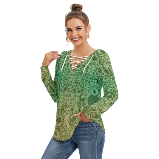 Lost In Circles Lime Green All-Over Print Women's Long Sleeve Neckline Tie Sweatshirt