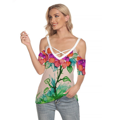 Morning Bloom All-Over Print Women's Cold Shoulder T-shirt With Criss Cross Strips