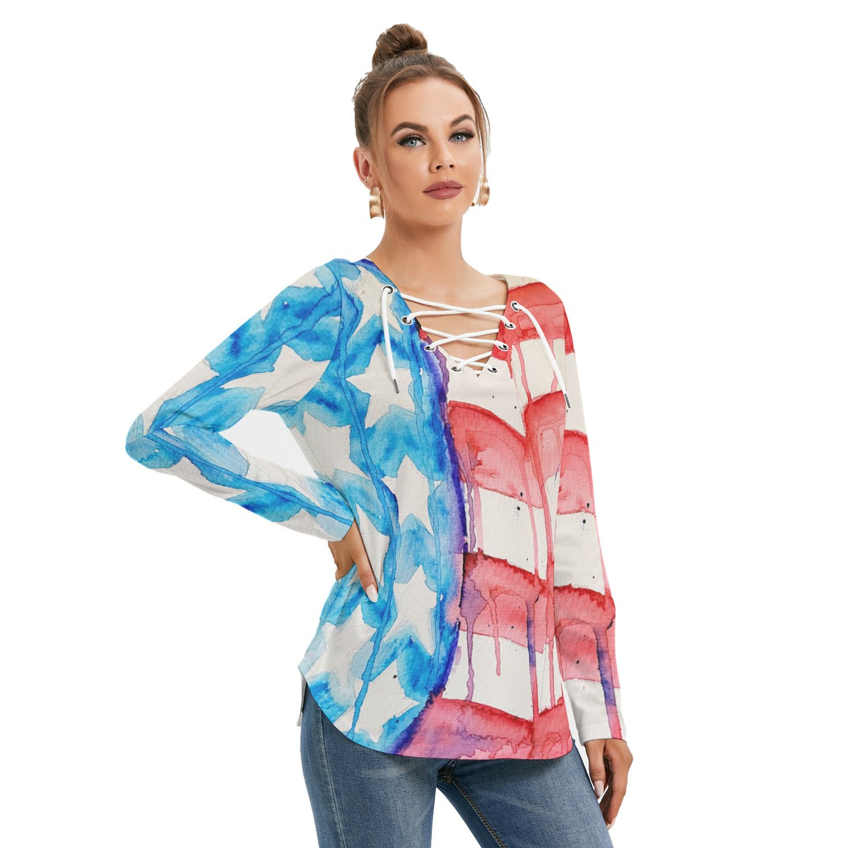 Old Glory All-Over Print Women's Long Sleeve Neckline Tie Sweatshirt