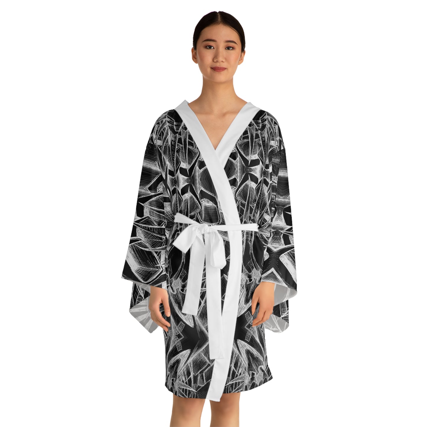 Inverted Sketch Monochrome Long Sleeve Kimono Robe (AOP)